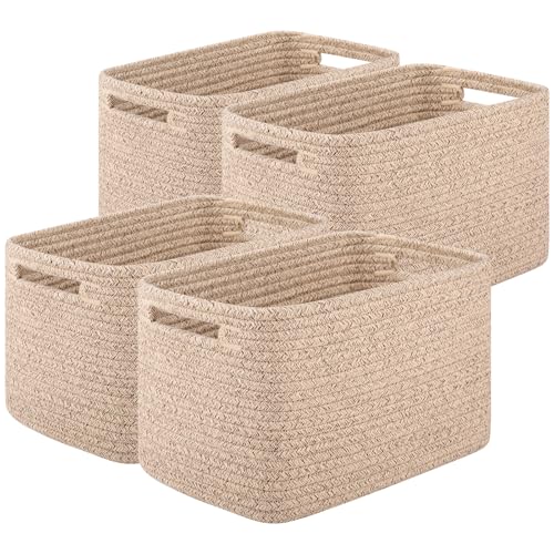 OIASKET Storage Baskets for Organizing, Woven Decorative Baskets for Shelves - Books, Towels, and Clothes, Cotton Rope Toy Storage Bins, 12.7''Lx9''Wx7.8''H, Pack of 4, Brown - color: Brown