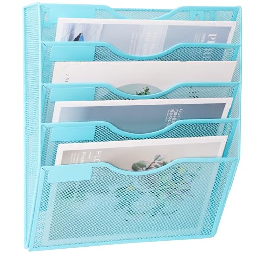 EASEPRES 5 Pocket Mesh Hanging Wall File Organizer, Wall Mounted Mail Paper Document Folder Holder, Clipboard Storage Organization Magazine Rack with Nametag Label for Office Home School, Blue - color: Blue, size: 5 Tier