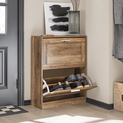 Haotian Shoe Cabinet Storage for Entryway, Narrow Shoe Cabinet with Two Flip Drawers to Save Space, Shoe Rack Cabinet for Front Door Entrance Hallway (Nature) - color: Natural, size: 2-Drawers