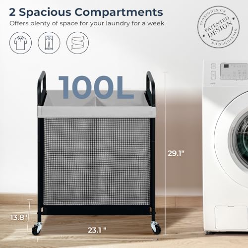 STO STO Laundry Hamper 2 Section, 100L Rolling Laundry Sorter Cart with Removable and Washable Liner Bag, Clothes Hamper with Wheels and Metal Handle for Laundry Room and Bedroom, Gray - color: Gray, size: 2-Section