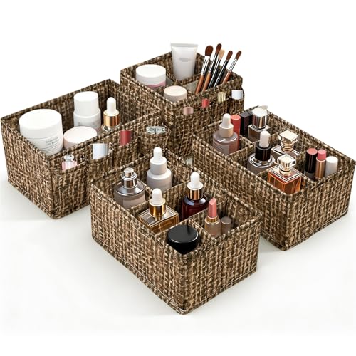 VERONLY Cosmetic Storage Bins Makeup Organizer, Adjustable Multifunction Storage Box Desk Drawer Divider for Makeup Brushes, Bathroom Countertop or Dresser, Set of 4 - style: Brown 4PC