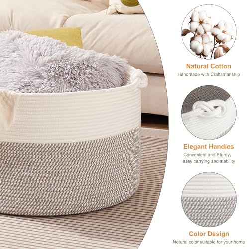 OIASKET Large Blanket Storage Basket for Living Room, 22.8" x 22.8" x 13" Woven Cotton Rope Basket with Handles, Baby Toy Storage, Laundry Hamper for Clothes, Pillows, Towels-Grey and White - color: Grey and White, size: 90L