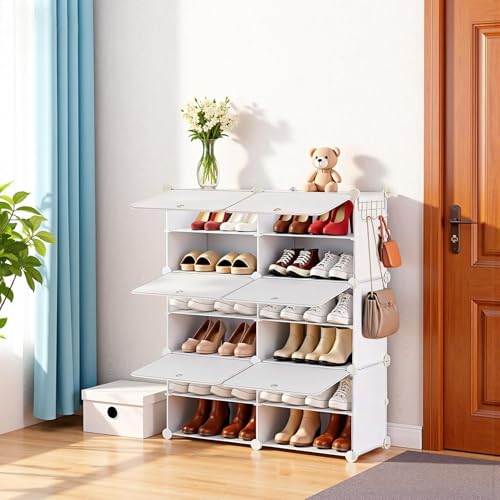 Simple Deluxe 6-Tier Shoe Rack Organizer with Doors, Stackable Shoe Storage Cabinet for Entryway Closet, Plastic Shoe Shelf with Metal Frame, Holds up to 24 Pairs for Bedroom Hallway, White - color: White