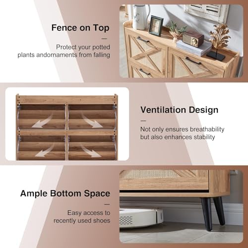 Barnyatoh Shoe Storage Cabinet, Boho Shoe Organizer with 4 Flip Drawers & Rattan Design,Farmhouse Freestanding Hidden Slim Narrow Shoe Rack Cabinet for Entryway, Foyer,Hallway,Natural - color: Natural, size: 4-Drawers