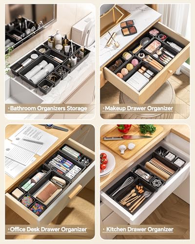 KEMETHY 25 PCS Plastic Drawer Organizers Set, 4 Sizes Vanity Organizer, Makeup and Desk Drawer Organizer Trays, Organization and Storage for Makeup, Bathroom, Kitchen Utensils and Office (Black) - color: Black
