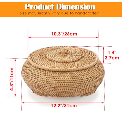 Hipiwe Round Rattan Boxes with Lid, X-Large Woven Bread Basket Natural Rattan Basket Wicker Storage Box Decorative Basket for Coffee Table Farmhouse Picnic Fruit Storage Basket - size: X-Large,10.3"D x 4.3"H