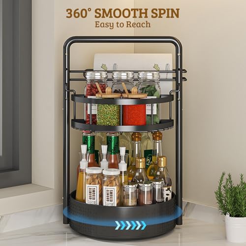 Rotating Spice Rack with Paper Towel Holder, 2 Tier Turntable Lazy Susan, Seasoning Organizer for Kitchen Countertop Cabinet, Black - color: Black