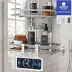 Over the Door Shower Caddy Hanging, Rustproof Shower Shelves with Waterproof Phone Pouch, 2-Tier Adjustable Bathroom Organizers and Storage, No Drilling Shampoo Soap Shelf (Silver 2-Tier) - size: Silver 2-Tier