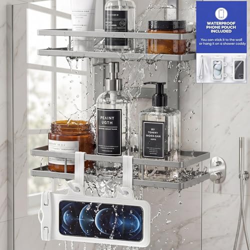Over the Door Shower Caddy Hanging, Rustproof Shower Shelves with Waterproof Phone Pouch, Adjustable Bathroom Organizers and Storage, No Drilling Shampoo Soap Shelf (Silver 3-Tier) - size: Silver 3-Tier