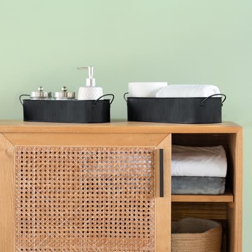 Mkono Metal Storage Basket for Toilet Tank Top Bathroom Decor, Galvanized Tray with Handle for Shelves, Farmhouse Toilet Paper Holder Organizing Bin Box for Countertop Living Room, Set of 2, Black - color: Black