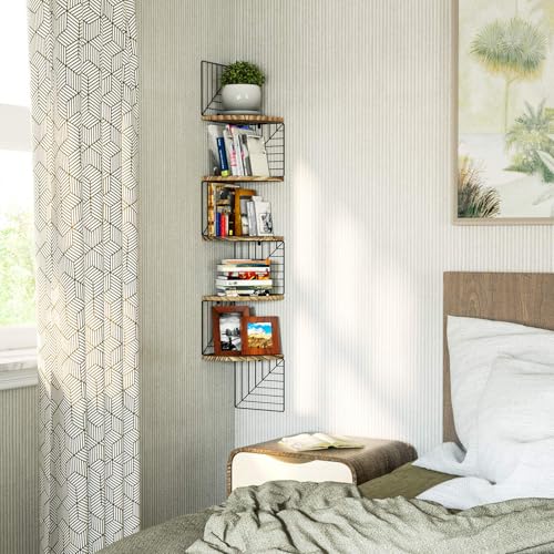 Love-KANKEI Corner Shelf Wall Mount of 5 Tier Rustic Wood Floating Shelves Wall Shelves for Bedroom Living Room Bathroom Kitchen Office and More Carbonized Black - color: Carbonized Black