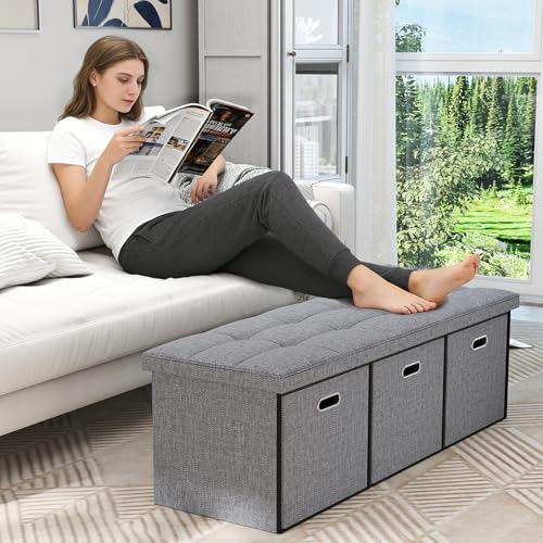 43''W Storage Ottoman Bench with 3 Drawers, Folding Ottoman Foot Rest with Storage, baul para habitacion, Entryway Bench, End of Bed Bench, Grey - size: 14.5"D x 43.3"W x 15"H