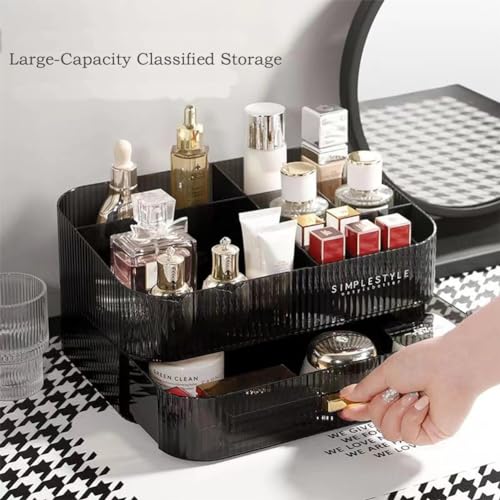 MIUOPUR Makeup Organizer with Stackable Drawers, Bathroom Vanity Organizers and Storage, Ideal for Desk and Dresser Countertops, Great for Cosmetics, skincare, Lipsticks, Nail Care -Black - color: Clear Black, size: Tray and Drawer