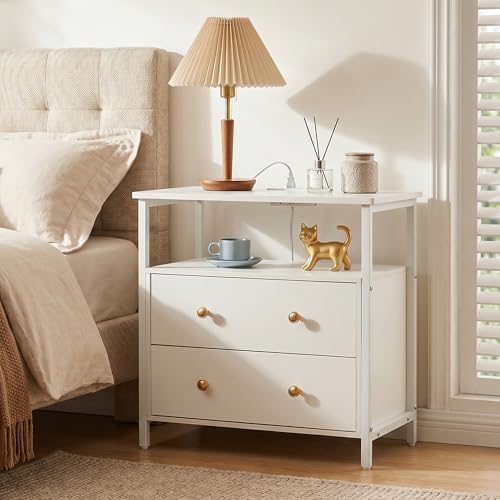 Edbuosy 27 inch Wide Night Stand Set 2 with Charging Station, Bedside Table with Open Shelf, 2 Drawers Small Wood Dresser, Modern Wood Nightstand for Bedroom/Living Room (White) - color: 2 Pack, White, size: 2 Drawers