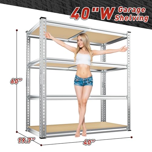REIBII 40" W Garage Shelving 2000LBS Storage Shelves Adjustable Metal Shelving 4 Tier Pantry Shelves for Garage Closet Kitchen Basement 40" W x 19.7''D x 60''H, Silver - size: 40"W x 19.7''D x 60''H