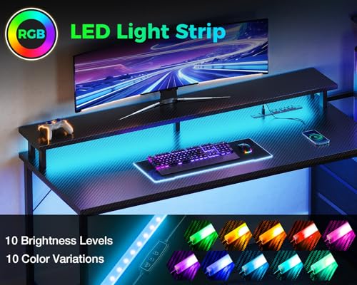 AODK 52 Inch Gaming Desk with USB Charging Ports & LED Light- Reversible Computer Desk with Storage Shelves & Monitor Stand, Modern Gamer Desk Table with Fabric Drawers, Black - color: Black, size: 52 inches