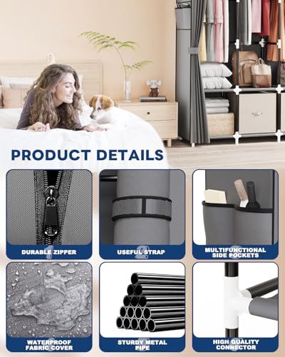 Mavivegue Portable Closet Wardrobe, Clothes Organizer with 4 Hanging Rods, Non-Woven Fabric Cover, Large Capacity Storage for Bedroom and Living Room,Gray, 67" W x 17" D x 67" H - color: Grey, size: 67"W x 17"D x 67"H
