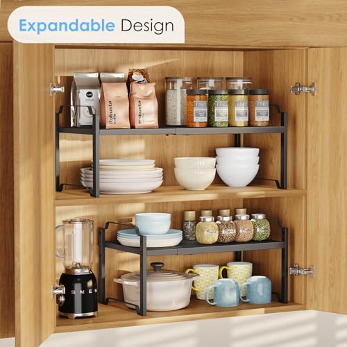 2 Pack 11” Width Expandable Kitchen Cabinet Organizer Shelves, Metal Kitchen Countertop Organizers and Storage Shelving, Heavy Duty Stackable Storage Rack Shelf For Pantry Cupboard Counter Tabletop - color: Black
