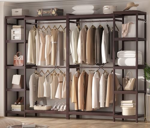 Homykic Closet System Set of 2, Bamboo Clothing Rack for Hanging Clothes with 14 Adjustable Shelves & 4 Rods, Freestanding Clothes Rack with 4 Hooks, Open Wardrobe Organizer Garment Rack, Espresso - color: Espresso, size: 2-Pack