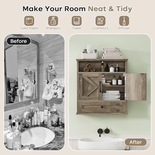 Bathroom Wall Cabinet, Wall Mounted Medicine Cabinet with Drawer, Barn Door & Adjustable Shelf, 24.4"H x 23.6"W x 9"D Grey Over Toilet Farmhouse Storage Cabinet for Kitchen, Laundry, Entryway - color: Grey, size: 24.4"H x 23.6"W x 9"D