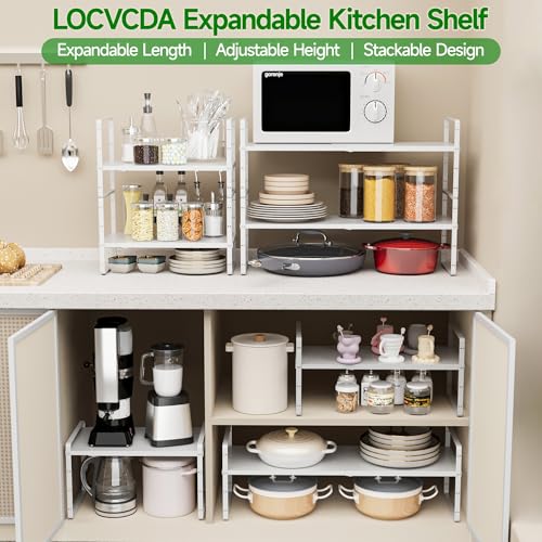 Expandable Cabinet Organizer Shelf, Adjustable Height Organizer Riser for Kitchen Cabinet Spice Rack Locker Pantry Cupboard Under Sink Countertop Desk Organization Metal Stackable Shelves - color: White-2pack