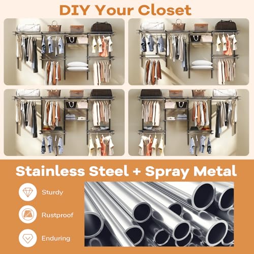 Giantex Closet Organizer System, Wall-mounted Custom Closet Kit w/Adjustable Storage Shelves, Wardrobe Clothes Rack w/Hanging Rods, Perfect for Coats, Pillows, Blanket (Gray, 98.5"x13.5"x48) - color: Gray, size: 98.5"x13.5"x48
