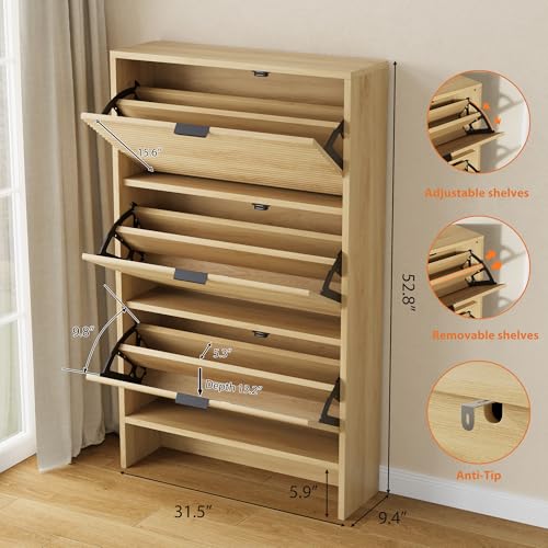 Garvee Shoe Storage Cabinet for Entryway, Fluted Shoe Cabinet with 3 Flip Drawers Doors, 32" Wide Hidden Shoe Rack Tall Freestanding Shoe Organizer for Entrance, Hallway, Living Room, Natural - color: Natural, size: 3 Drawers