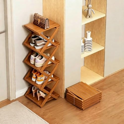 Bamboo Shoe Rack - No Assembly Required, Tall Narrow Foldable Shoe Organizer, Space-Saving Multifunctional Shelf for Entryways, Corners, Bedrooms, Balconies, 5 Layer Brown(Reinforced And Thickened ) - color: Brown, size: 5 Layers