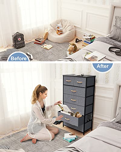 Crestlive Products Vertical Dresser Storage Tower - Sturdy Steel Frame, Wood Top, Easy Pull Fabric Bins, Wood Handles - Organizer Unit for Bedroom, Hallway, Entryway, Closets - 7 Drawers (Grey) - color: Grey, style: 7 Drawers