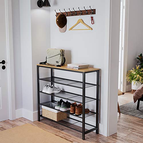 VASAGLE INDESTIC Shoe Rack, Shoe Organizer for Closet with 4 Mesh Shelves and Large Top for Bags, Entryway Hallway Shoe Shelf, Steel Frame, Industrial, Honey Brown and Black ULBS015B05 - color: Honey Brown, size: 5 Tiers (39.4"W)
