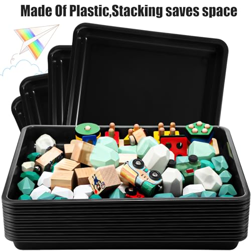 Maitys 15 Pcs Flat Plastic Trays 16.1 x 11.8'' Sensory Storage Tray Paper Stackable Classroom Bins for Office Home Organizer Arts and Crafts Supplies(Black) - color: Black