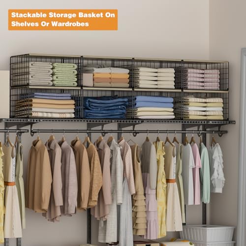 Extra-Long, Low-Profile Closet Organizers and Storage with Wood Top, 3 Pack Stackable Closet Shelf Organizer, Space-Saving Clothes Storage Bin for Wardrobe & Bedroom & Small Spaces, Sturdy Metal Black - color: BLACK, size: 15.74"L x 12"W x 8.66"H