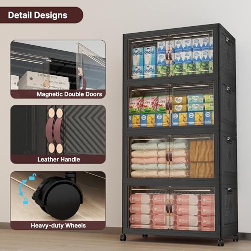 UAMFURI Stackable Storage Bins with Lids, 480QT Closet Organizers, Lockable Storage Cabinet，Foldable Storage Box with Doors and Wheels, Plastic Drawers for Home, Garage, Office (4, Black, Large) - color: Black, size: Large