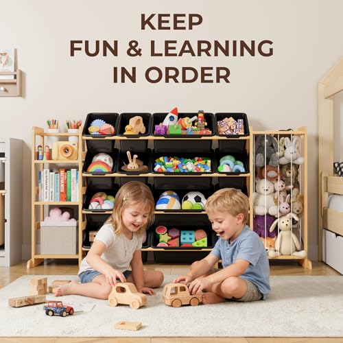 Toy Storage Organizer with Bookshelf and Stuffed Animal Storage - Kids Playroom Organization with Shelves and 16 Toy Bins - Toddler Living Room Toy Box for Lego - Nursery Bedroom Decor Essentials - color: Black, size: 67"W,3 Shelves,16 Bins