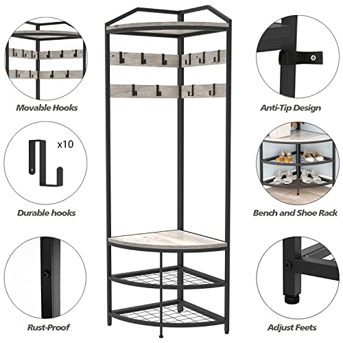 GiftGo Grey Corner Hall Tree with Shoe Bench Entryway Coat Rack with 10 Metal Movable Hooks Rustic Farmhouse Floorstanding Clothes Rack Shoes Shelf Organizer for Home Office Bedroom (Greige) - color: Greige