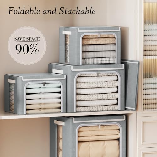 Yecaye Clothes Storage Bins with Metal Frame, Foldable Clothing Storage Bin with Lid, Stackable Oxford Fabric Organizer Box With Clear Window & Zippers & PU Leather Handles (4 Pack,Grey,40L) - color: Grey, size: Medium(4 Pack)