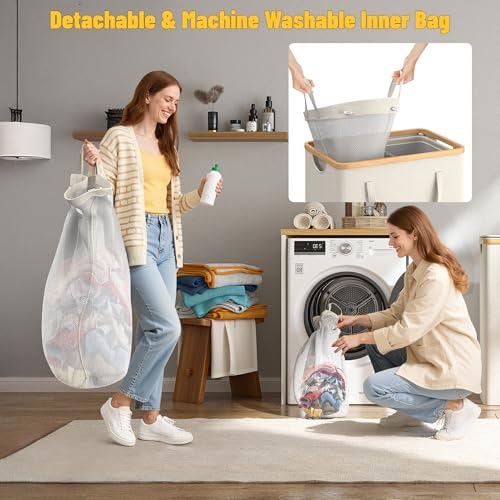 160L Double Laundry Hamper with Lid 2 Section, Large Bamboo Laundry Basket with 2 Removable Bags, Clothes Hampers for Laundry for Bedroom, Bathroom, Dorm, Laundry Room, Beige - color: Beige, size: 160L