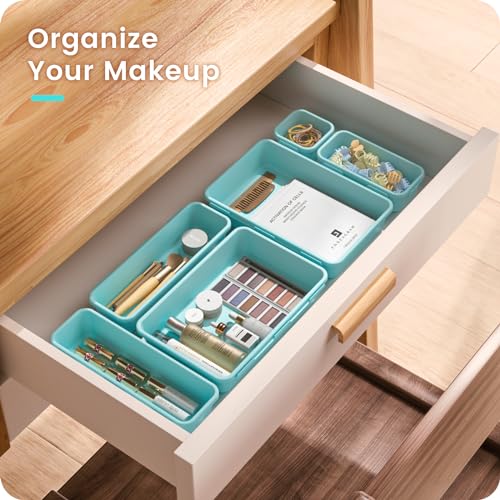 A-LuGei 【𝟮𝟴𝗣𝗖𝗦】 【𝟱𝗦𝗶𝘇𝗲】 BlueGreen Drawer Organizer, Makeup organizer, 【Holds 177 Items】 Bathroom Organizers and Storage, Plastic Desk Organizer Divider, Organizer Bins for Office Vanity - color: Light Blue