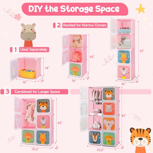 HONEY JOY Kids Wardrobe Closet, Baby Cartoon Clothes Storage Organizer, 8 Cubes & 2 Hanging Sections, Portable Children DIY Modular Bedroom Armoire Dresser Cabinet for Boys Girls (Pink, 8-Cube) - color: Pink, size: 8-Cube