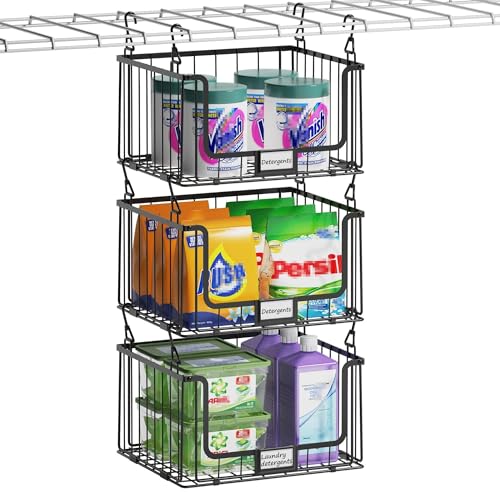 3-Pack Laundry Basket, Wire shelves for Laundry Room Space Saving-Metal Laundry Basket Holder,14.5"D x 10.5"W,Black - color: Black, size: 3Tier-14.5"D x 10.5"W