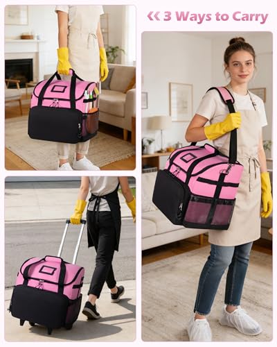 Marscamd Large Rolling Cleaning Caddy Bag with Detachable Trolley, Cleaning Supplies Organizer with Wheels for Housekeepers, Pink - color: Pink