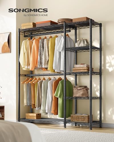 SONGMICS Clothing Rack, Heavy-Duty Garment Rack with Adjustable Storage Shelves and Hanging Rails, Hooks, Freestanding Portable Wardrobe Closet, Ink Black ULGR426BH01S - color: Ink Black, size: 45"L x 76.4"H, style: Without Fabric Cover