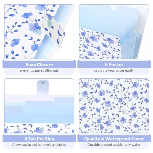 SKYDUE Expanding File Folder with 5 Pockets, Floral Accordion File Organizer for Important Document, Portable Receipt Paper Organizer, School Office Supplies,Blue - color: White Blue