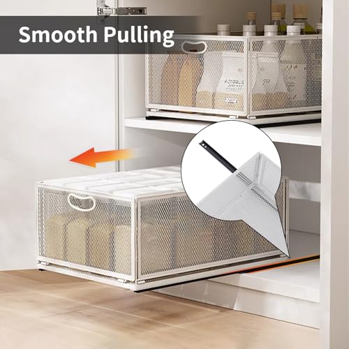 Sliding Cabinet Basket Organizer Drawer Self Adhesive Slide out Pantry Shelves Heavy Duty Carbon Steel Slide Cabinet Storage Basket with Handle for Bathroom Kitchen Home - size: Large