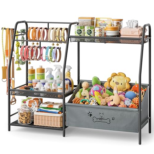 Lomivra Large Dog Toy Basket with Dog Storage Organizer, Trapezoid Toy Bin Box with Collar Leash Holder Hook, Dogs Toy Holder Chest Pet Storage Cabinet for Living Room Dogs Essentials - color: Black