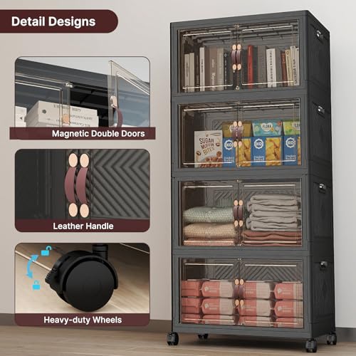 UAMFURI Stackable Storage Bins with Lids, 192QT Closet Organizers, Lockable Storage Cabinet，Foldable Storage Box with Doors and Wheels, Plastic Drawers for Home, Garage, Office (4, Black, Medium) - color: Black, size: Medium