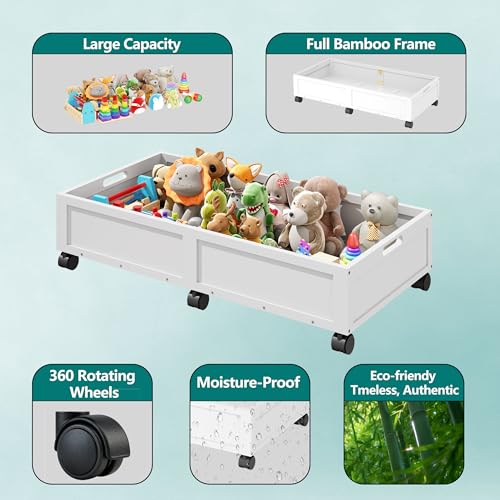 WISUCART Wood Under Bed Storage Containers Underbed Organizer with Wheels Sturdy Wood Rolling Under Bed Shoe Storage Organizer 2 Packs (White, Large) - color: White