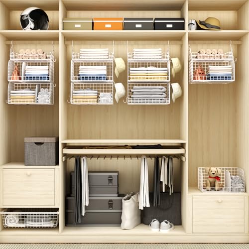 HapiRm Hanging Closet Organizer Storage - 3 Tier Metal Stackable Hanging Closet Shelves with Dividers and S Hooks, Foldable Clothes Shelves for Clothes, Pants, Shoes, Coat, Hats Clutches Accessories - color: White, size: 3-Tier