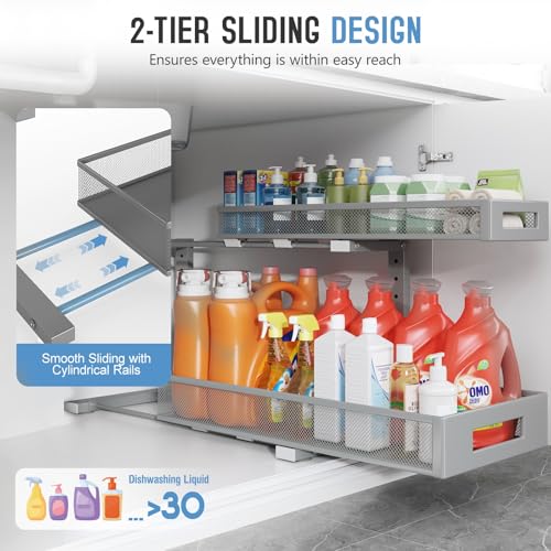 2 Pack 20.47IN Depth Under Sink Storage Organizer, Large 2-Tier Elegant Mesh Pull Out Shelf for Kitchen and Bathroom Cabinet Organization, L-Shaped and Adjustable Height Design-Gun Gray - color: Gun Gray, size: 2 Pack-20.47"Dx11.4"-16.14"H