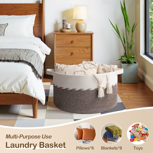OIAHOMY 105L Blanket Basket for Living Room, Large Basket 23.6" x 23.6" x 14.6" with Handle, Laundry Hamper for Blankets, Pillows, Toy Storage for Kids, Dogs - Brown & White - color: Brown & White, size: 23.6" x 23.6" x 14.6"